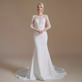 Button back O-neck mermaid lace long sleeve autumn elegant wedding dress detail