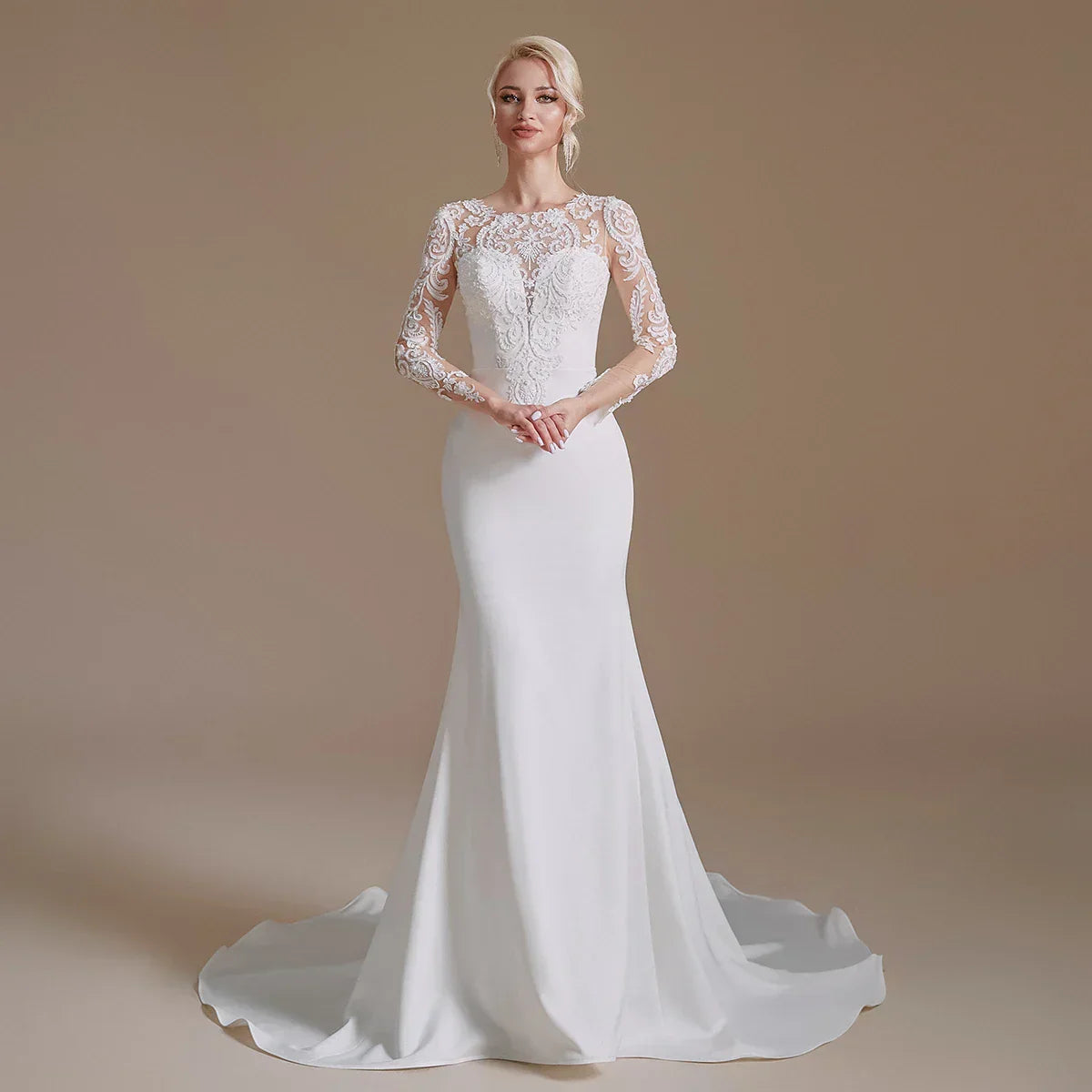 Button back O-neck mermaid lace long sleeve autumn elegant wedding dress detail
