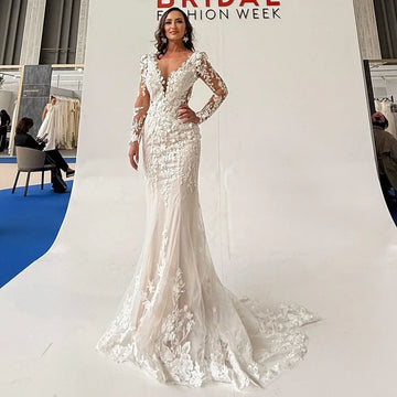 Luxury Long Sleeve Mermaid Wedding Dresses Boho Lace Appliques Long Bridal Dress V Neck Tulle Women Wedding Gown Customizd