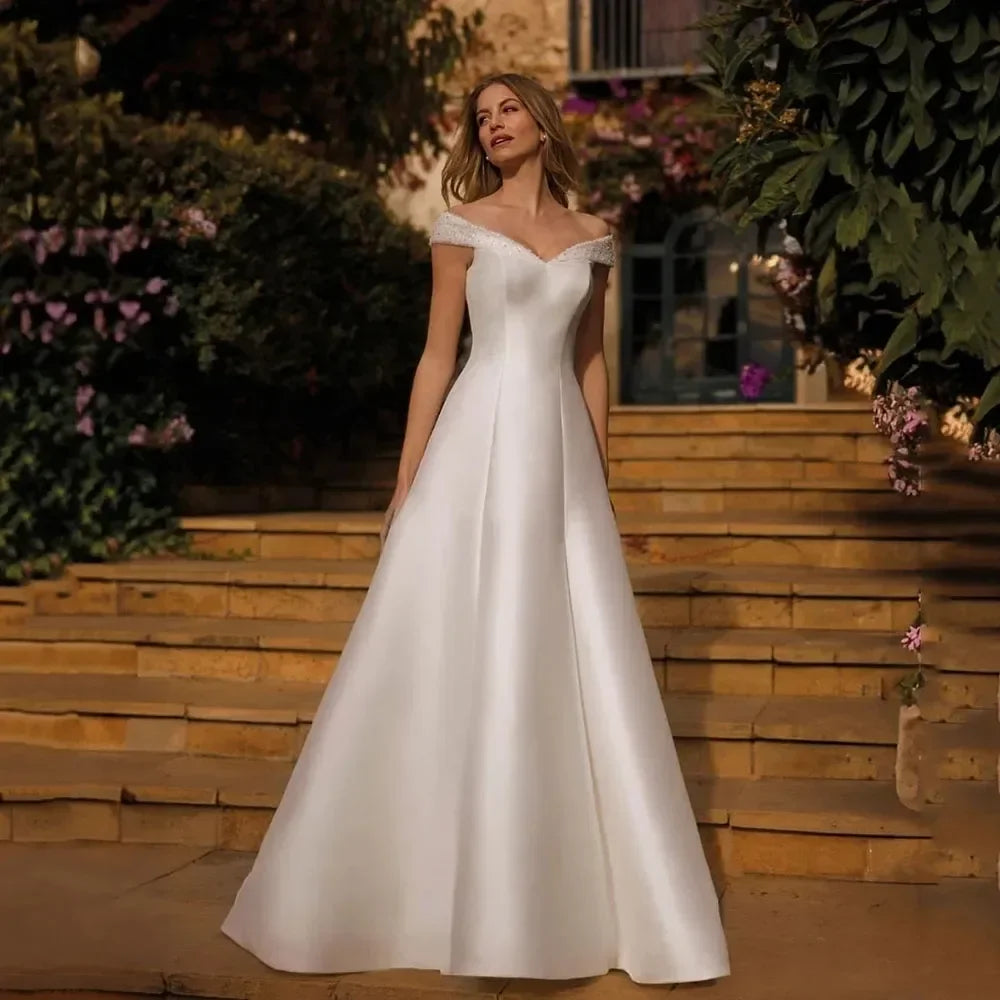 Elegant princess wedding dress off-the-shoulder beads sequins satin A-line formal bridal gown