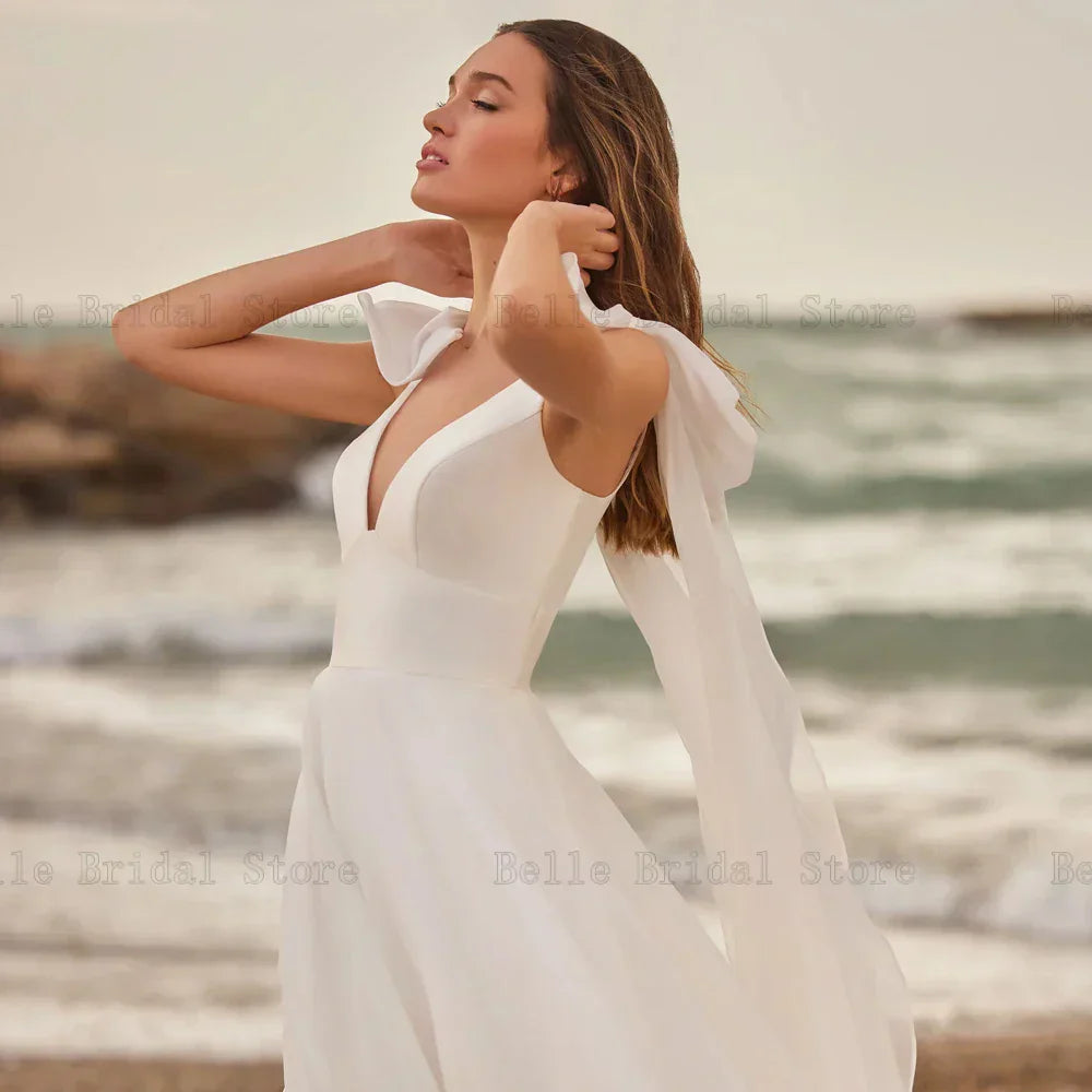 Beach A-Line Wedding Dresses V Neck Sleeveless Bridal Gowns Bow Backless Back Zipper Floor Length Chiffon Vestidos De Novia