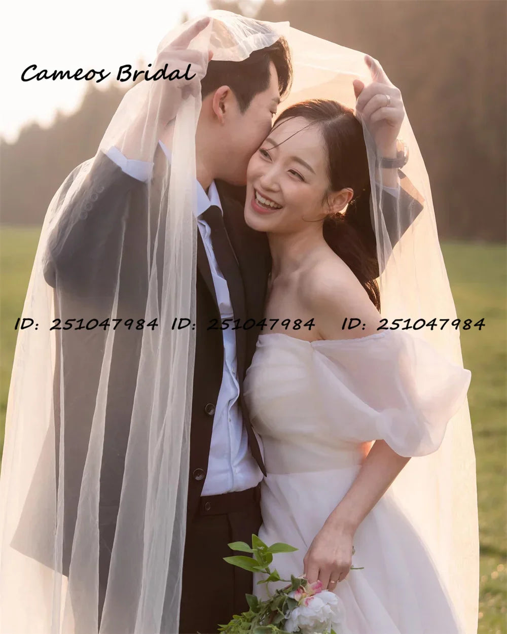 Off-the-shoulder civil organza short sleeves custom made ivory wedding dress bride bridal gown