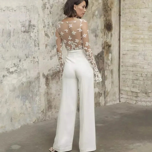 Customized Jumpsuit Wedding Dresses Sheath V-neck Long Sleeves Appliques Beach Wedding Gown Bridal Dresses Vestido De Noiva