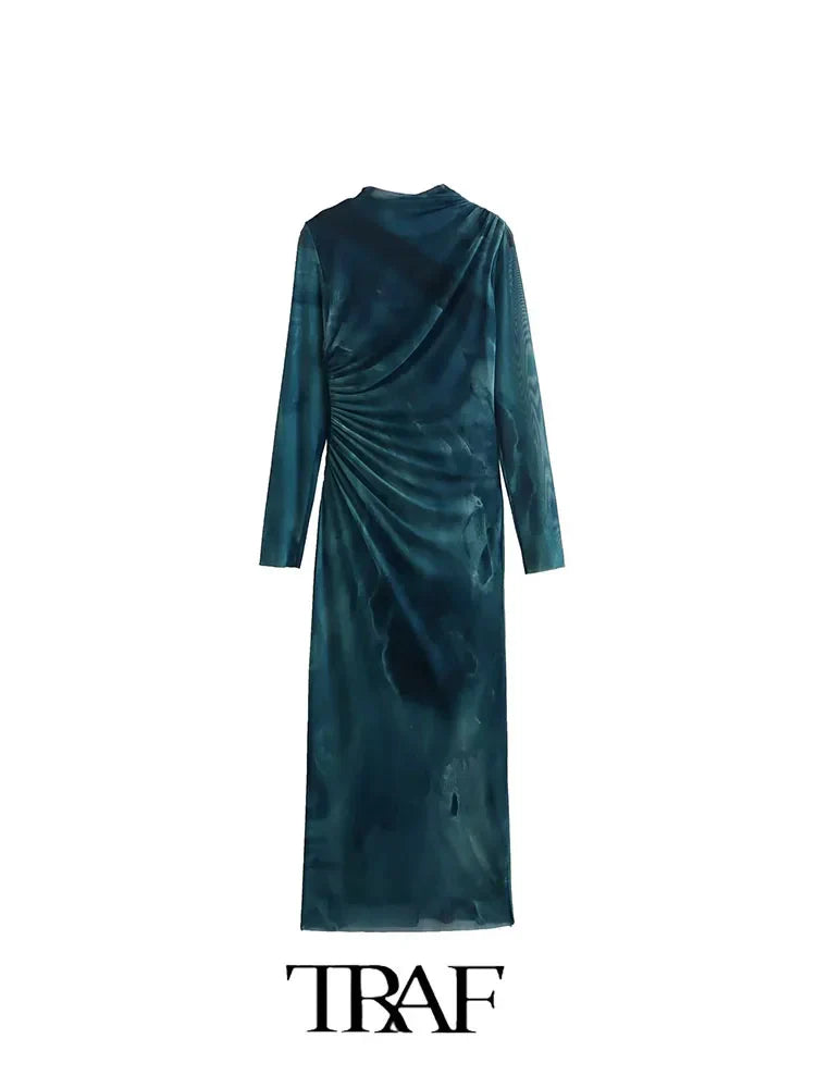 Vintage long sleeve silk mesh elegant slim midi autumn dress woman side view