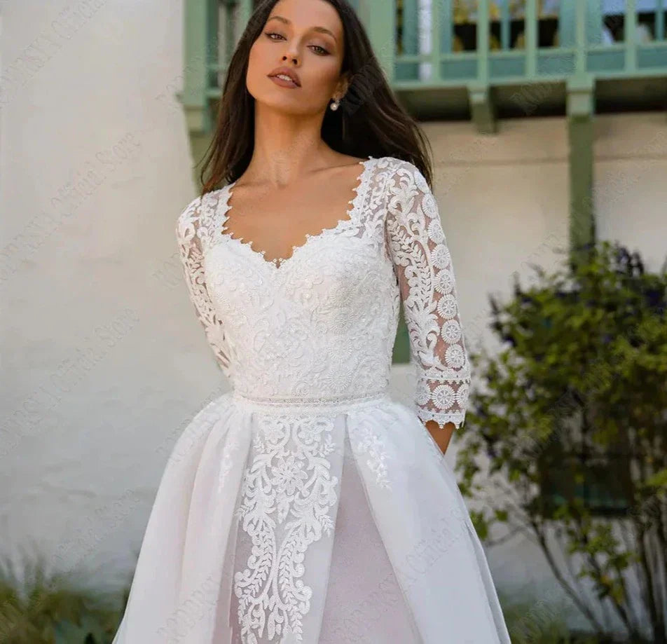 Elegant 3/4 Sleeves Wedding Dresses Square Collar Backless Bride Gowns Tulle A-Line Lace Applique - Image 1
