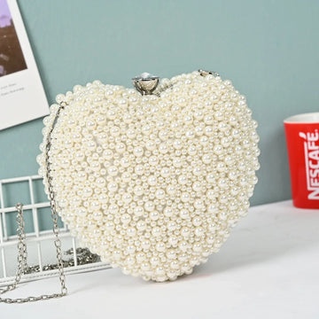 Pearls Heart Shaped Wedding Clutch Purse Full Side Beads Mini Wallets With Chain Shoulder Bags Luxury Designer Handbag