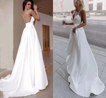 Elegant simple line wedding beach Spaghetti strap V-neck bridal dress sexy backless Vestido De Noiva custom new style