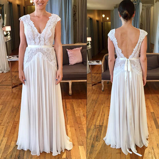 Beaded Lace Capped Sleeves V Neckline Wedding Dress A Line Customized Pleated Chiffon Crystals Sash Open Back Maxi Bridal Gown