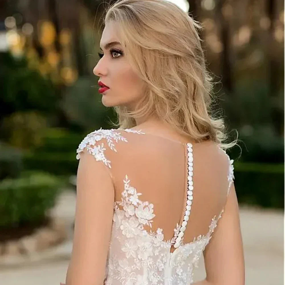 Custom made illusion O-neck white appliques buttons back court train bridal gown front view