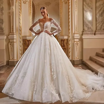 Customized Luxury Ball Gown Bridal Long Sleeve O Neck Wedding Dresses Lace Appliques Robe De Mariee Vestidos de novia