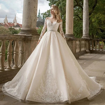 Gorgeous O-Neck Vestidos De Novia Long Sleeve Lace Wedding Dresses Appliques Vestid Customizedo De Noiva