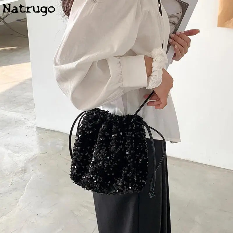 New Sequin Bucket Crossbody Bag Women Chain Phone Bag Satchels  Girls Decor Hangbag Luxury Designer Small Shoulder Bag