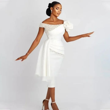 Customized Short Wedding Dresses Off the Shoulder Pearls Wedding Gown for Bride Draped Tea Length Vestidos de novia