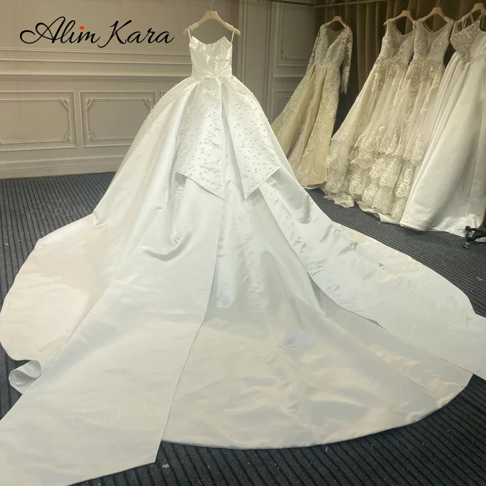 Ball Gown Wedding Dress Gorgeous Pearls Sleeveless Chapel Train Bridal Princess XZ41