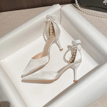 New Wedding Heels Women Luxury Brand Design String Bead Pearls High Heels Ladies Sexy Elegant Pointed Toe White Black Pumps