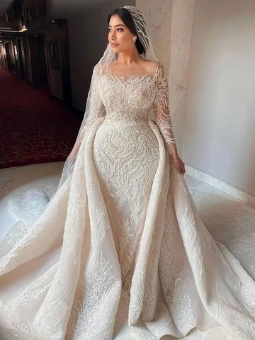 customzied Long Sleeve Mermaid Wedding Dresses Beaded Bride Dresses For Women Robes De Mariage Luxury Vestidos De Novia