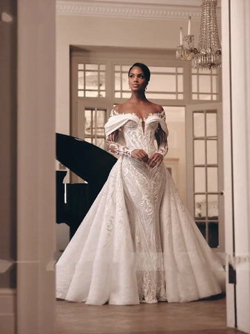 Luxury Lace 2 In 1 Mermaid Wedding Dress Beading Embroidery Illusion Neck Trumpet Bridal Gowns Customized Vestido de novia