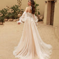 Off-the-shoulder puff sleeves tulle lace appliques A-line classic vintage wedding dress bridal gown ivory