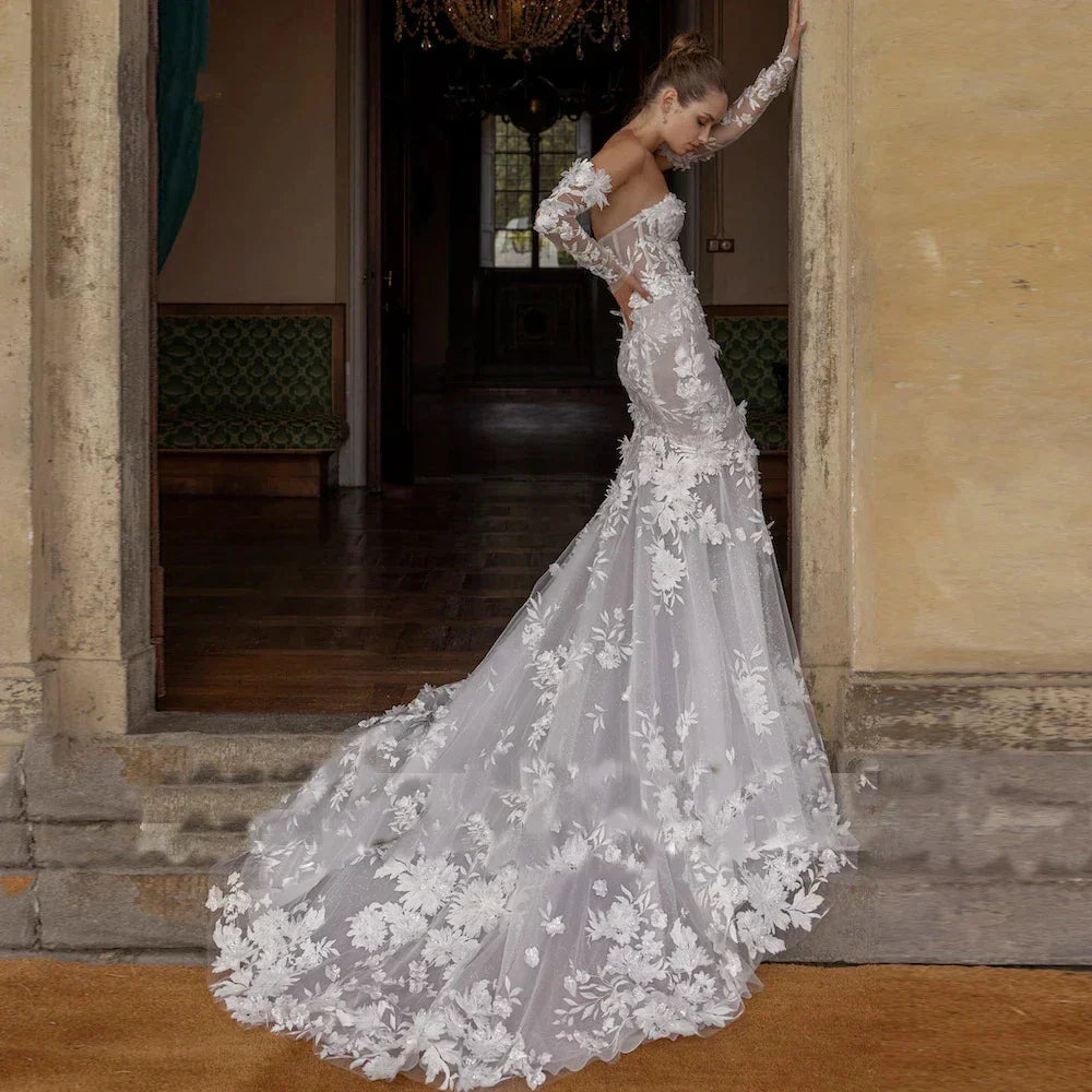 Sexy mermaid strapless long sleeve beading flowers appliques bridal engagement party dress front