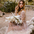 Long sleeve champagne glitter illusion gold sequined beading custom wedding dress detail