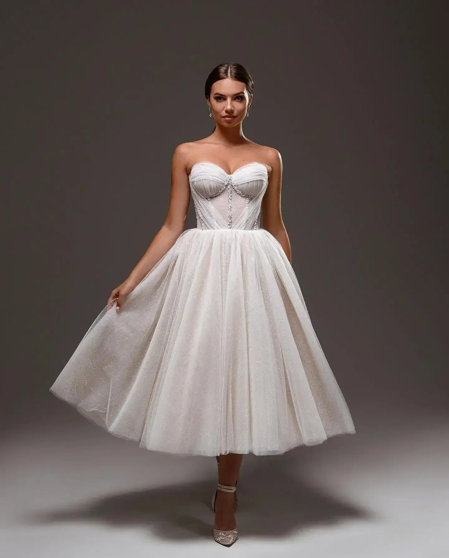 Elegant luxurious women dress wedding party special occasion long gown side view