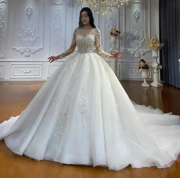customized Luxury Wedding Dress Illusion Neck Long Sleeves Lace Appliques Beads Bride Gowns Robe Mariage Vestidos De Novia