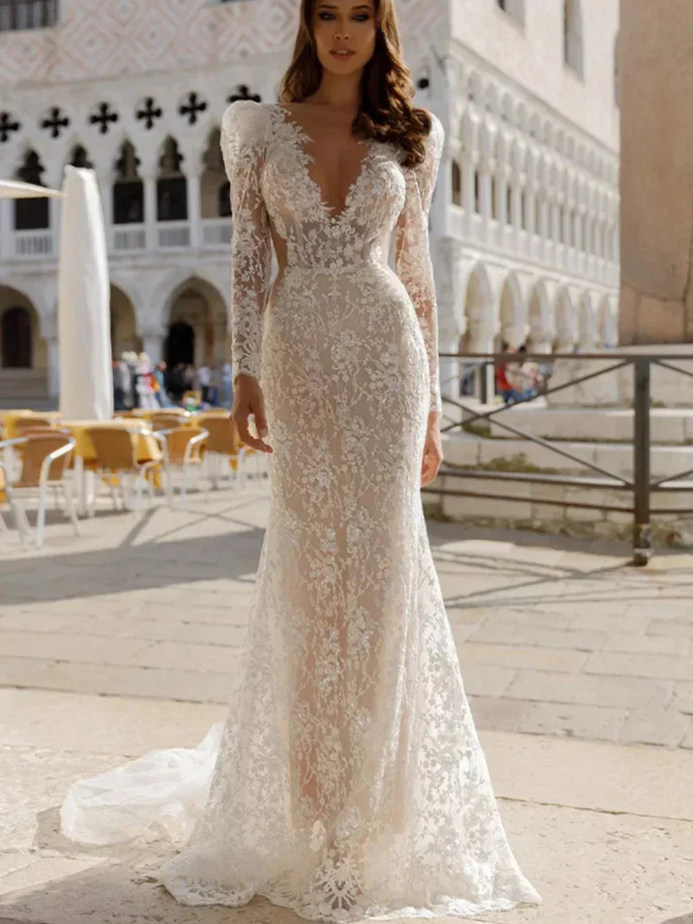 Sexy Deep V-neck Wedding Dress Classic Lace Appliques Bride Robe Elegant Sparkly Mermaid Long Bridal Gown - Image 3