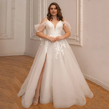 Plus Size Vestidos De Novia Customized Thin Straps V Neck High Slit Lace Wedding Dresses Appliques Vestido De Noiva