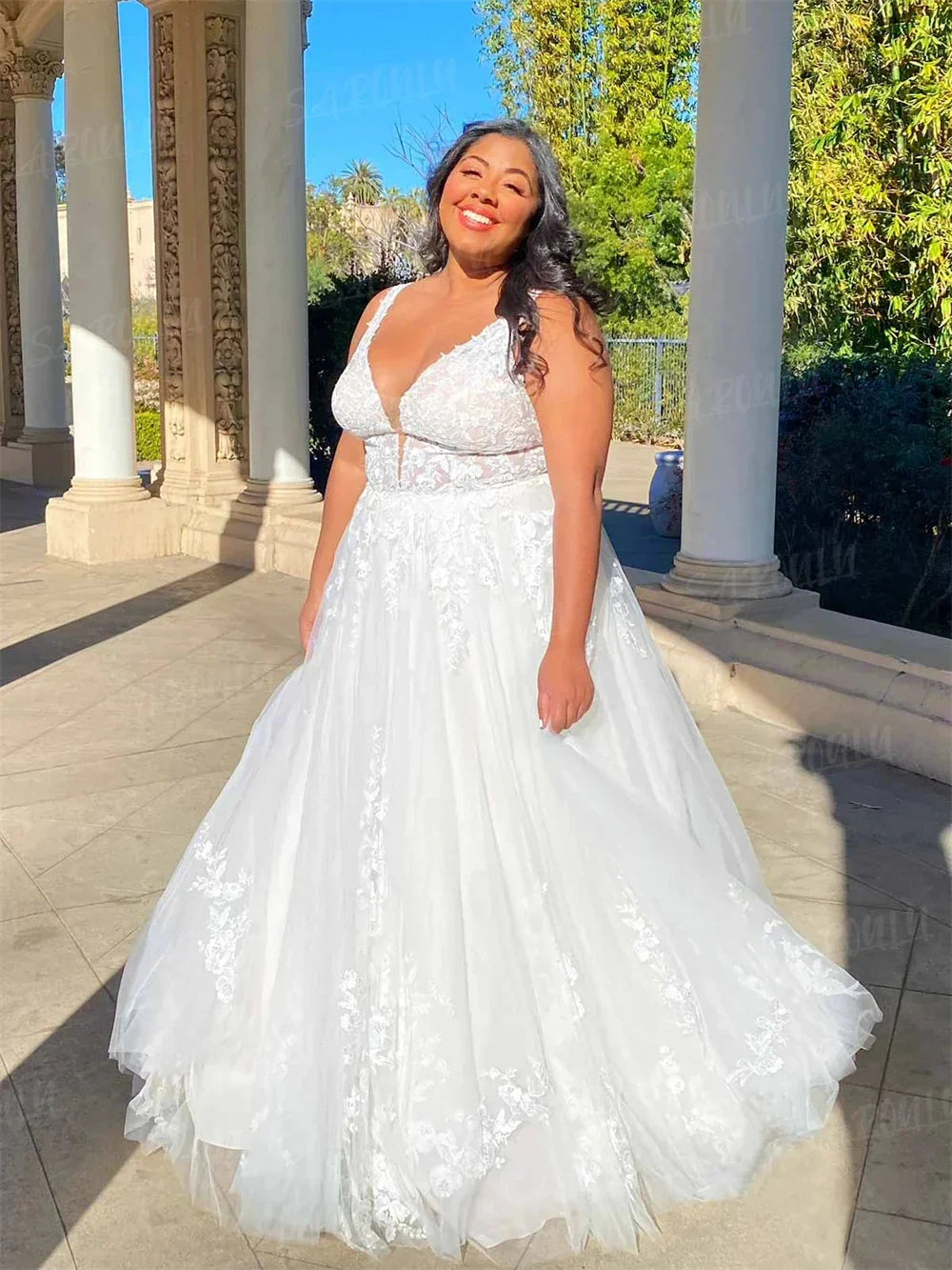 Plus A-line long lace tulle sweep train wedding dress bridal gown plus size bride