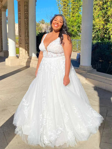 Plus A-line long lace tulle sweep train wedding dress bridal gown plus size bride