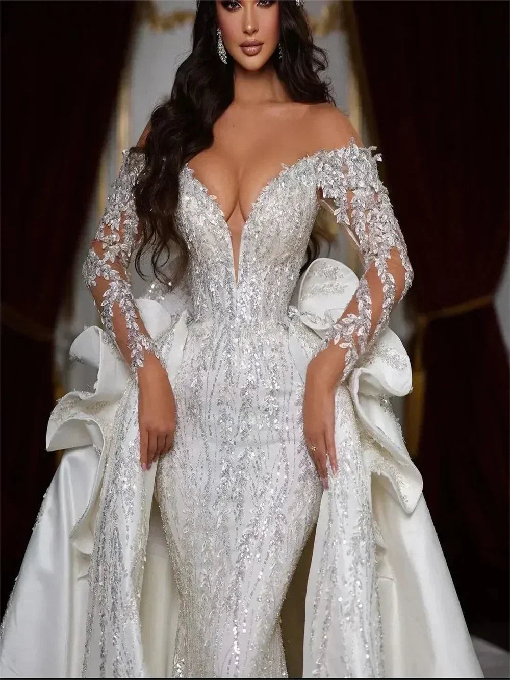 Luxury deep V-neck beadings appliques mermaid detachable train romantic bridal gown front view
