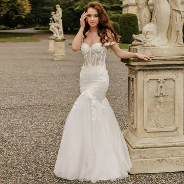 Trumpet off-shoulder backless appliques beadings pleated wedding dress bridal gown