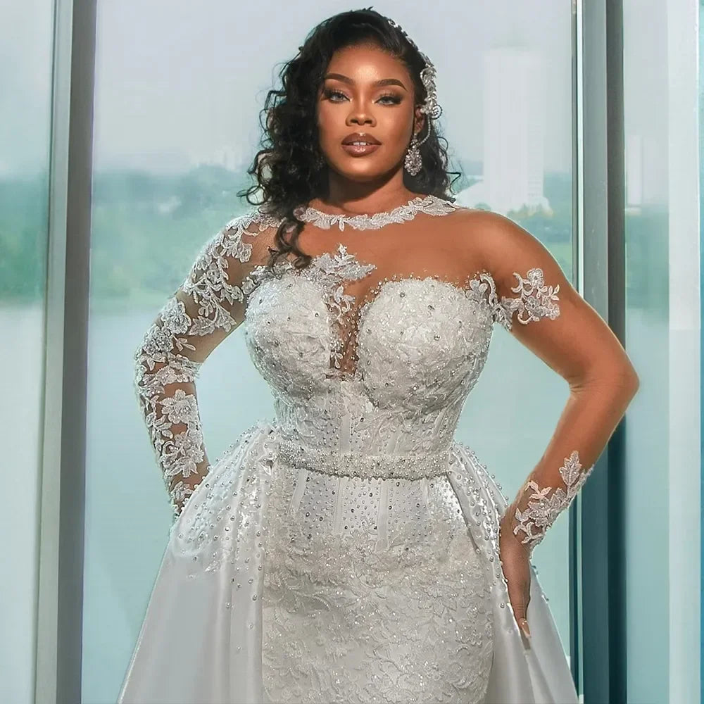 Customized Sexy Arabic Mermaid Wedding Dresses Sheer Neck Lace Applique Beads Long Sleeves Removable Tail Bridal Gowns Africa