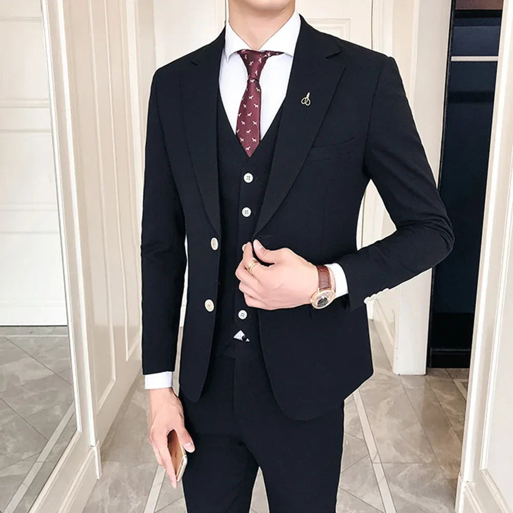Slim business casual 3 piece notch lapel wedding men suit blazer vest pants side view