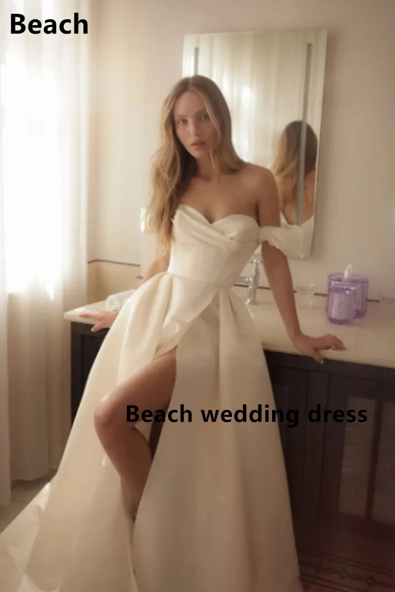 Beach Satin Off Shoulder Elegant Train Backless Wedding dress Vestidos de novia Vintage Bridal Dresses Wedding Gowns
