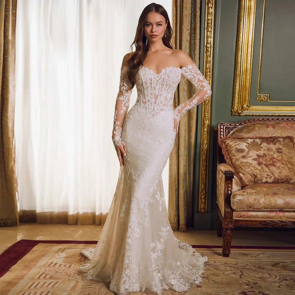 High quality mermaid wedding dress 2026 sweetheart long illusion sleeves lace appliques bridal gown