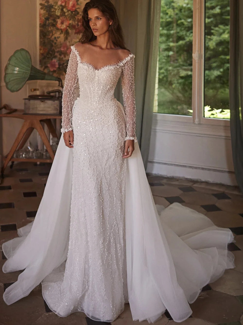 Retro luxury pearl sheer neck mermaid wedding dress detachable train long sleeves bridal gown