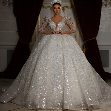 Customised Princess Sparkly Wedding Dresses Ball Gown Illusion V Neck Long Sleeve Sequins Mariage Bridal Gowns Vestido De Noiva