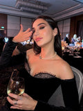 Elegant off-shoulder velvet black lace long sleeves sexy patchwork bodycon evening party dress close-up