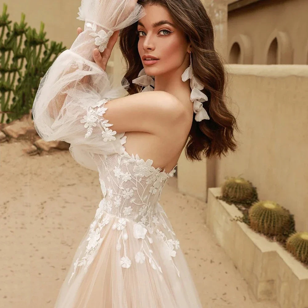Tulle puff sleeves off-shoulder classic A-line lace vintage appliques wedding dress bridal gown side view