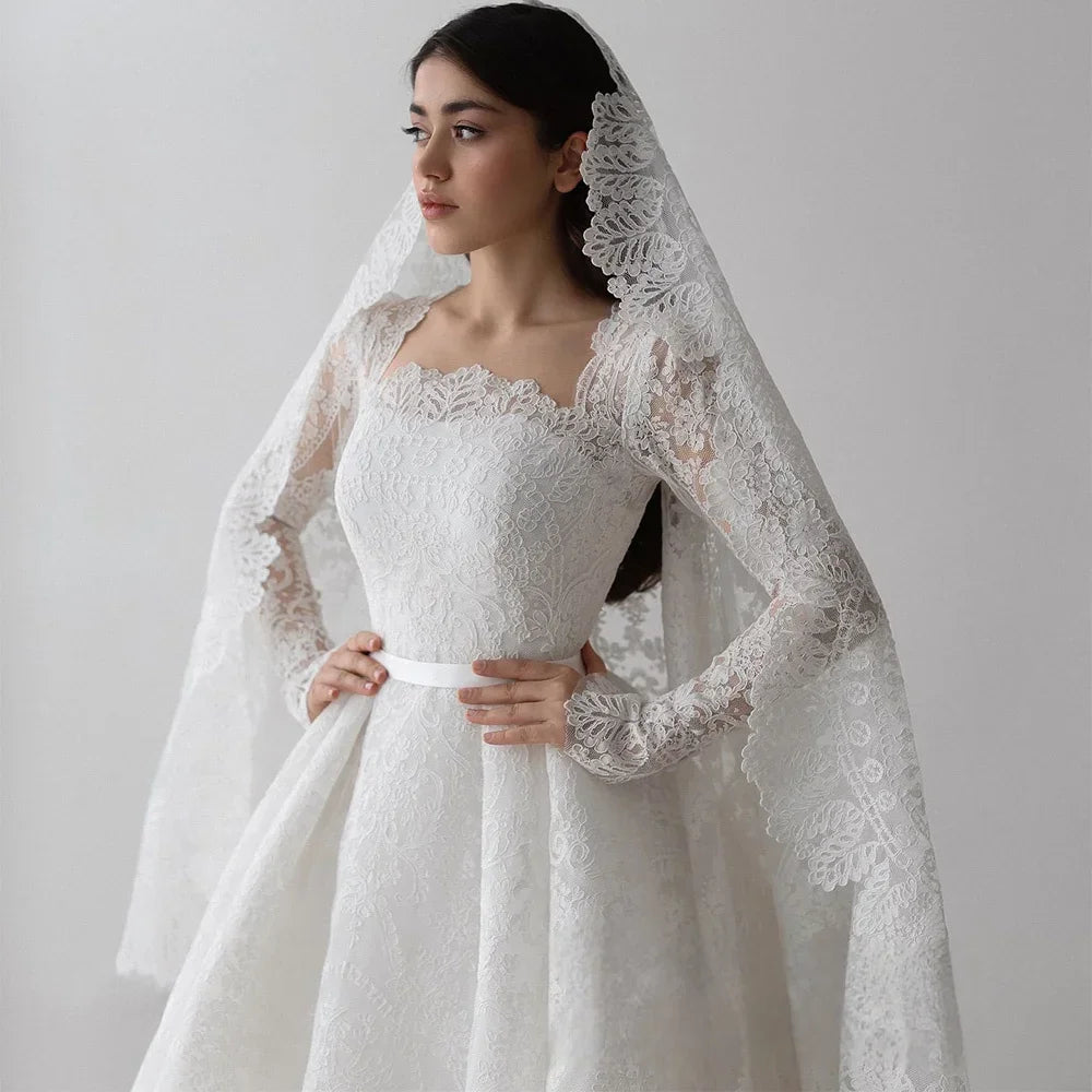 Gorgeous lace long sleeves wedding dress bride square neck sweep train bridal gown