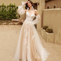 Classic vintage off-shoulder A-line puff sleeves tulle lace appliques wedding dress bridal gown back view