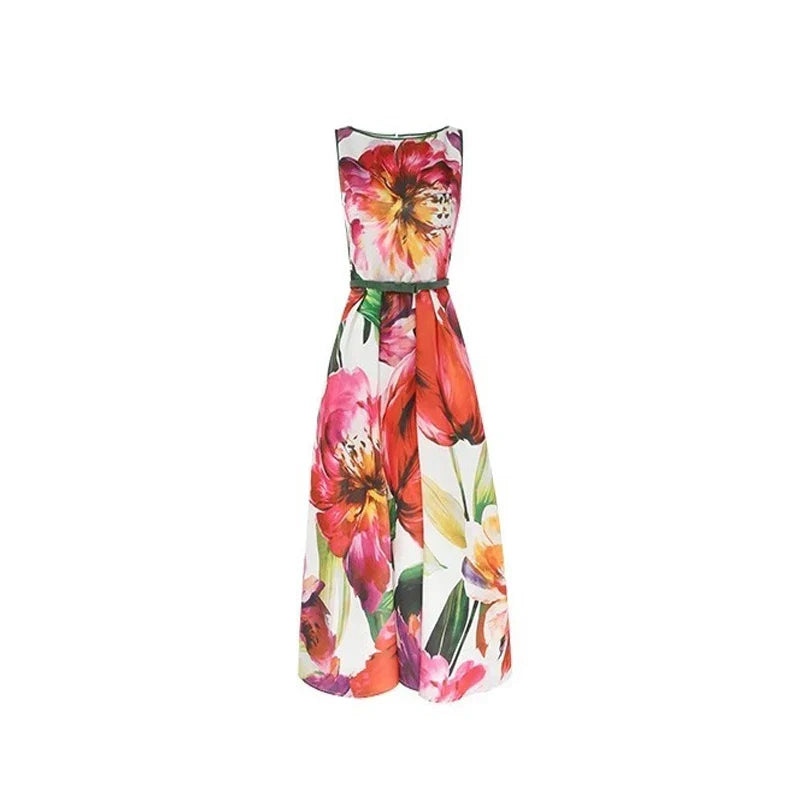 neck Knee-length Skirt Women's Everyday Street Short-sleeved Skirt Fashion Floral Print Party Skirt Loose Dress
