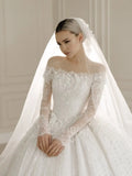 O-neck long sleeve beaded lace wedding dress – detail view – Snowy Bridal