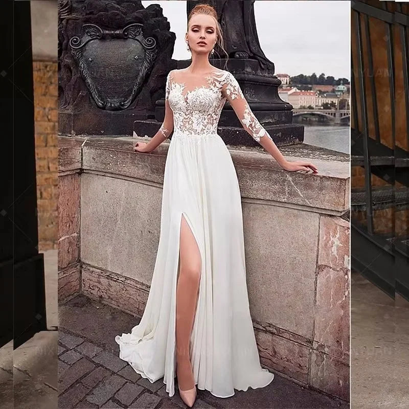 Boho Lace Chiffon V-Neck Wedding Dresses Backless Beach Bride Gown 2025 Customized