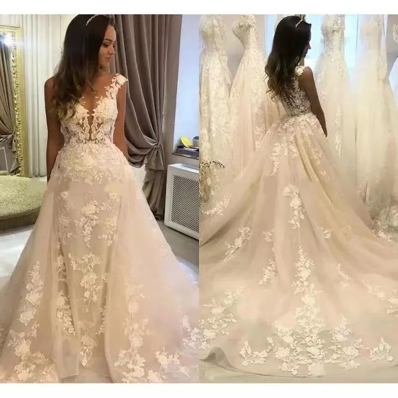 Mermaid Custom Made Wedding Dresses Detachable Train Lace Wedding Gowns 2 In 1 Design 3 Ways to Wear Style Bridal Dress