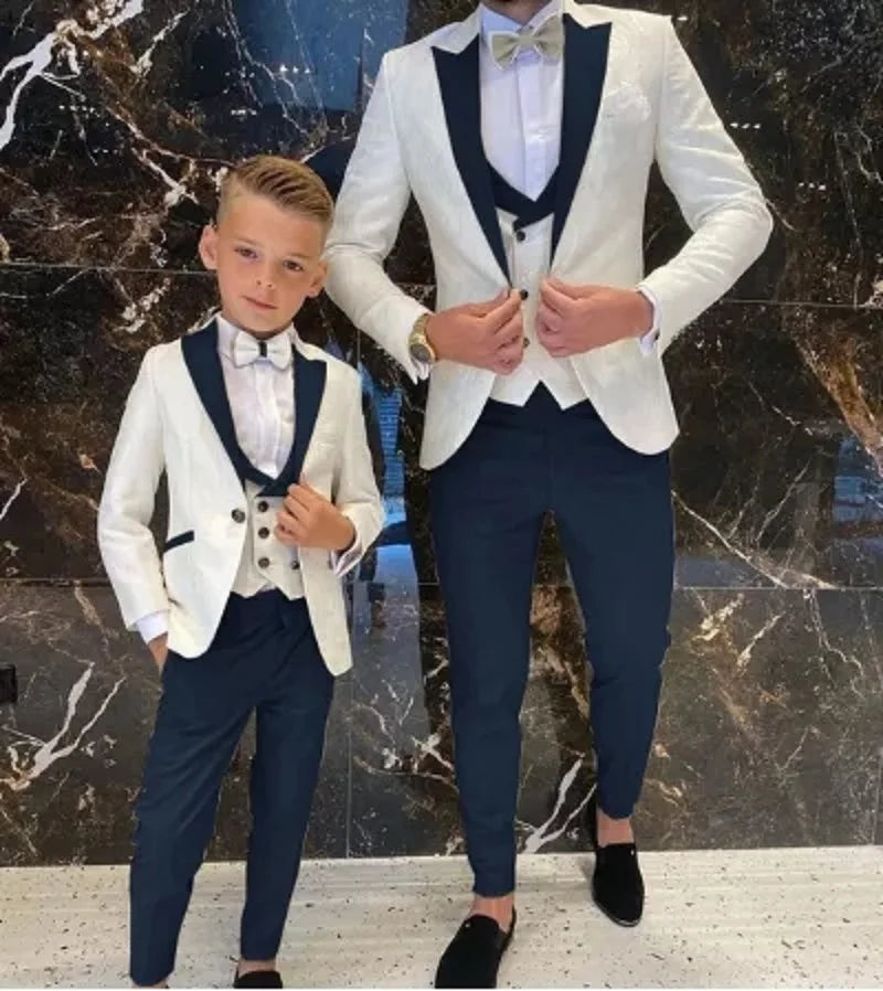 Groom slim white floral 3 pieces wedding tuxedo men suit jacket vest pants back view