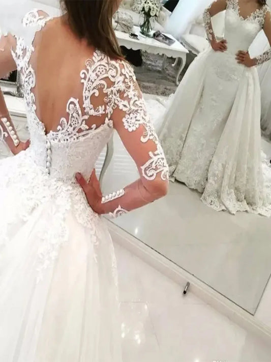 Luxury V-neck Mermaid Wedding Dresses 2 in 1 Detachable Train Appliques Saudi Arabia Long Sleeves Bridal Gown Vestido De Noiva