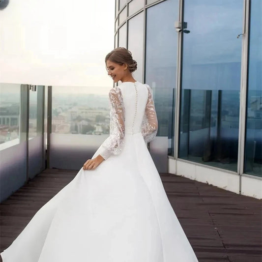 Romantic A-Line Side Split Vestidos De Novia Customized Long Puff Sleeves Wedding Dresses Appliques Vestido De Noiva