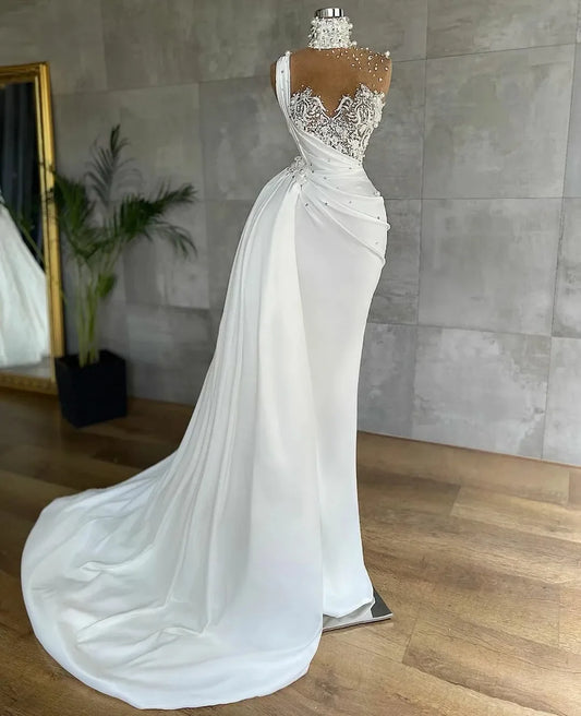 Mermaid Wedding Dresses with Detachable Train Pearls Lace Applique Beaded Bridal Gowns High Neck Modern Robes De Mariee Vestidos